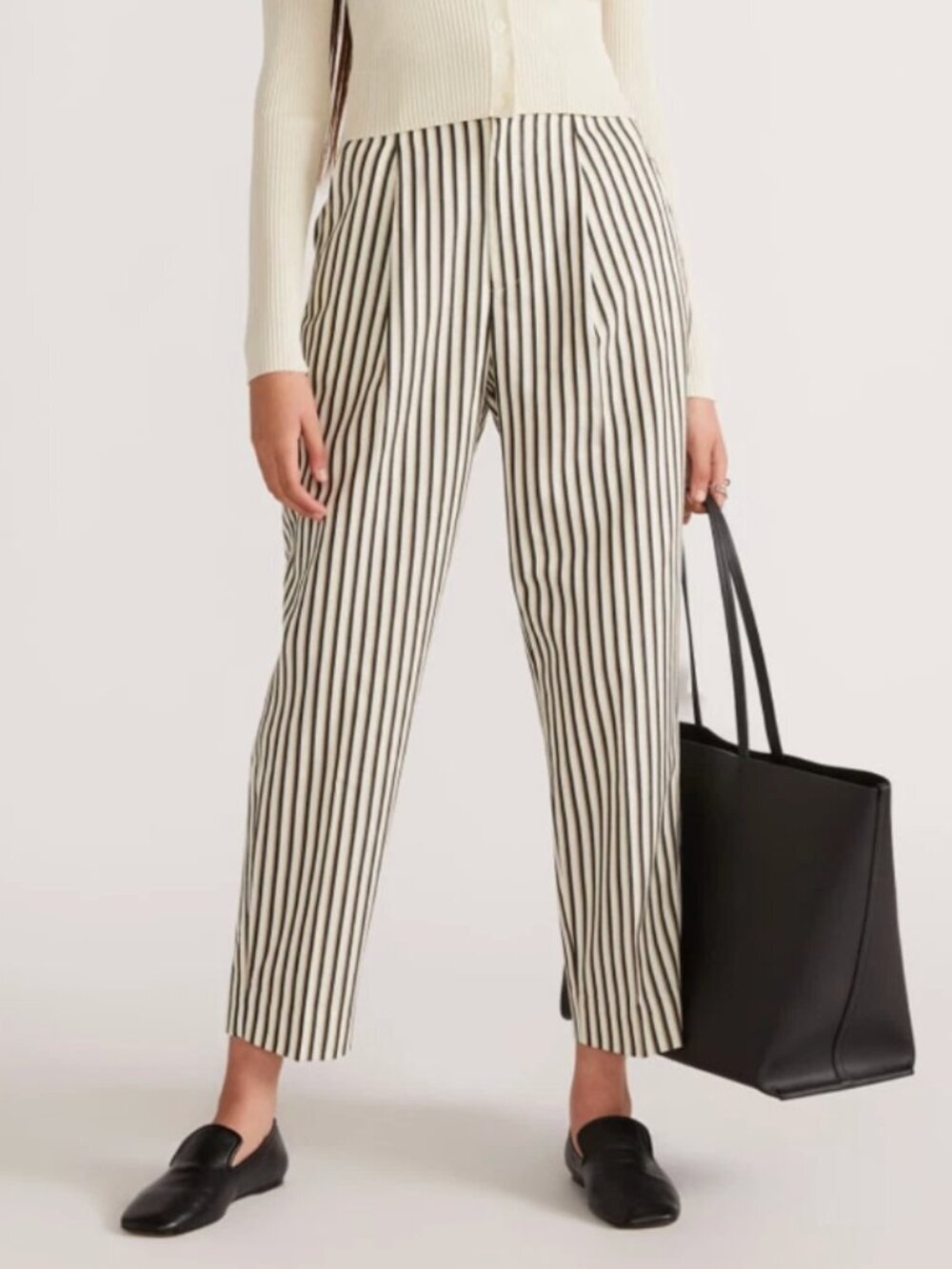 Everlane The Tencel Way-High Striped Pleated Taper Pant in Cream/Black, 2